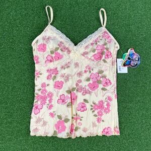 Vintage Y2K NWT Self Esteem Butter Yellow Pink Floral Lace Trim Cami Sz L